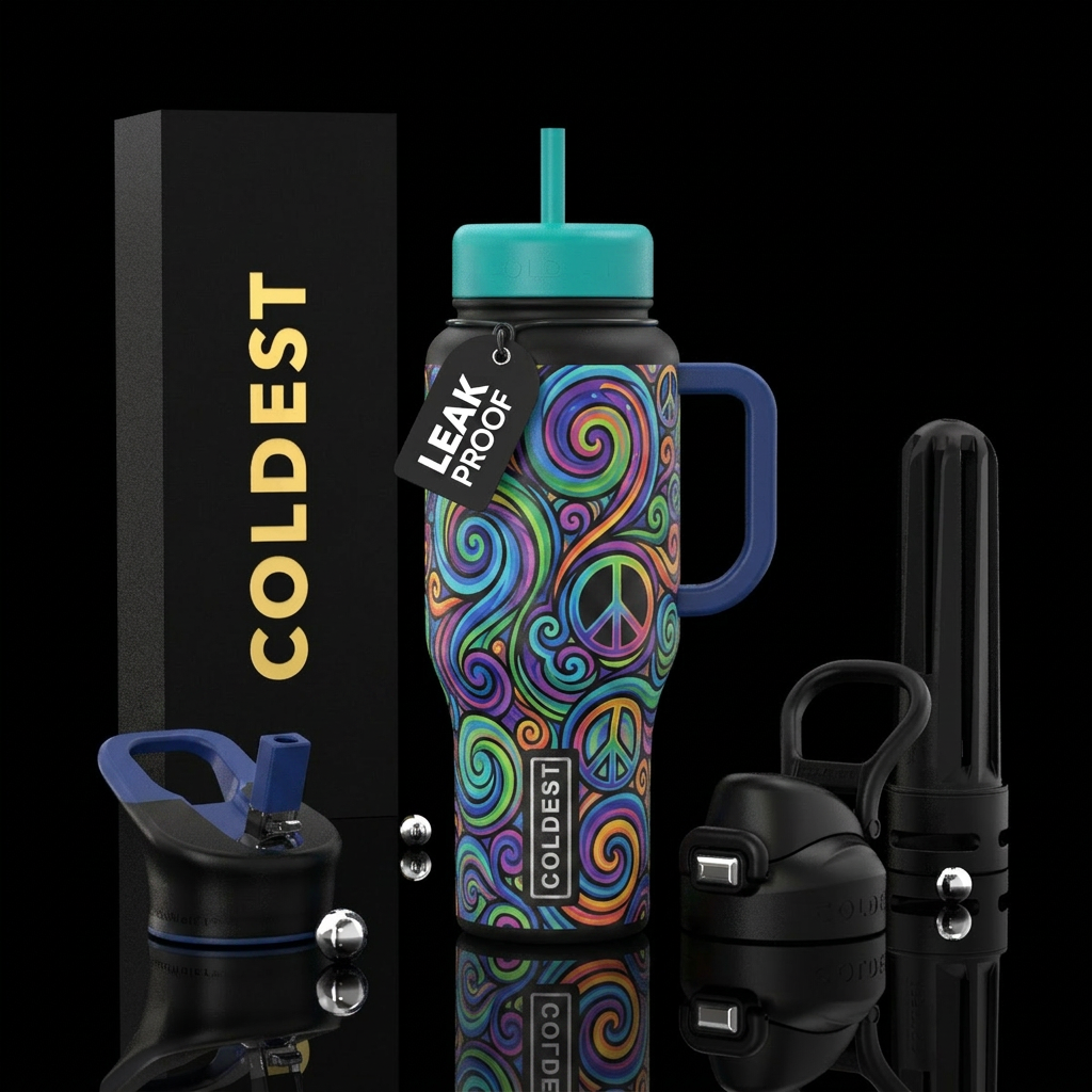 swirls, spirals peace signs water bottle design