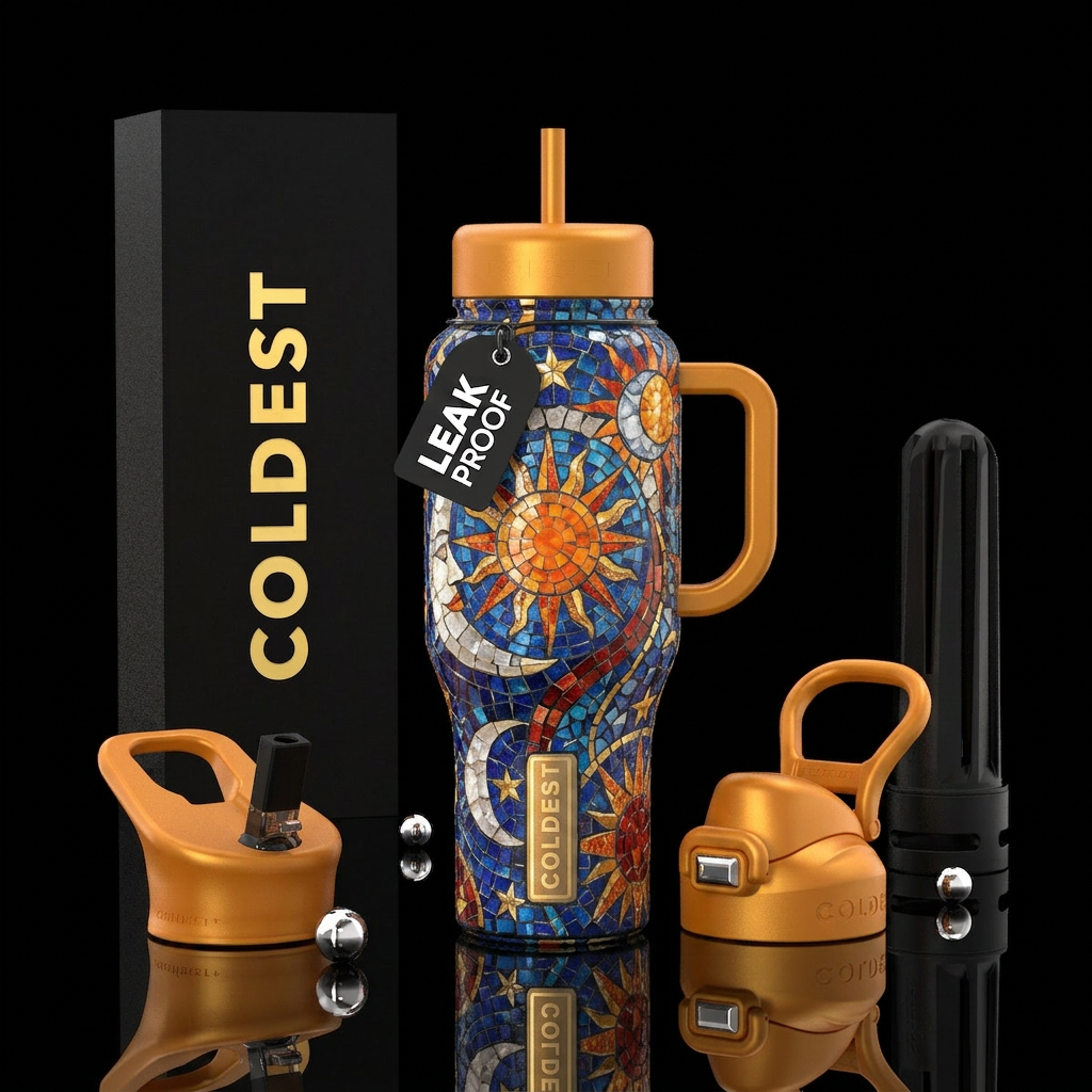 mosaic, sun, moon, stars water bottle design