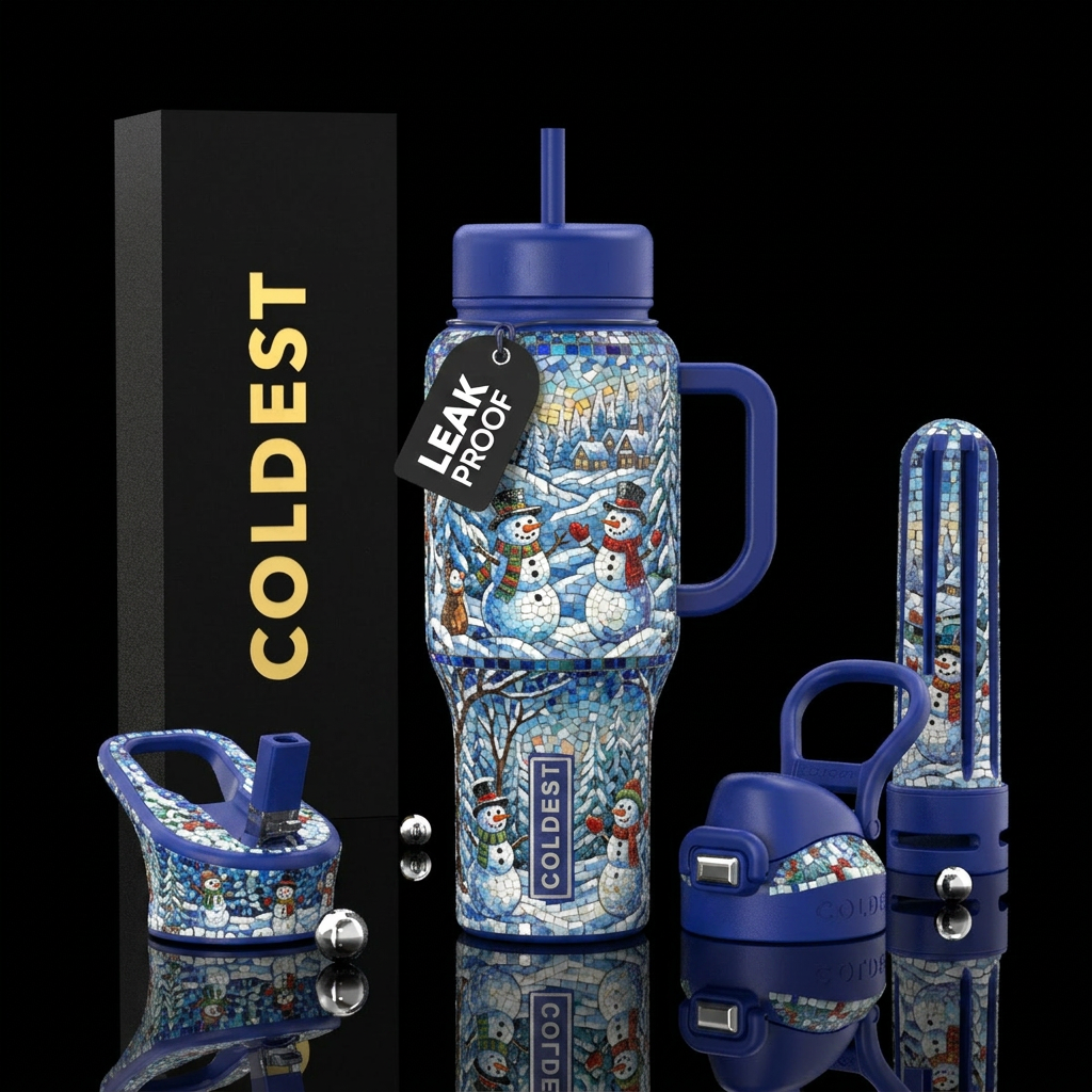 mosaic, snowmen in a winter wonderland water bottle design