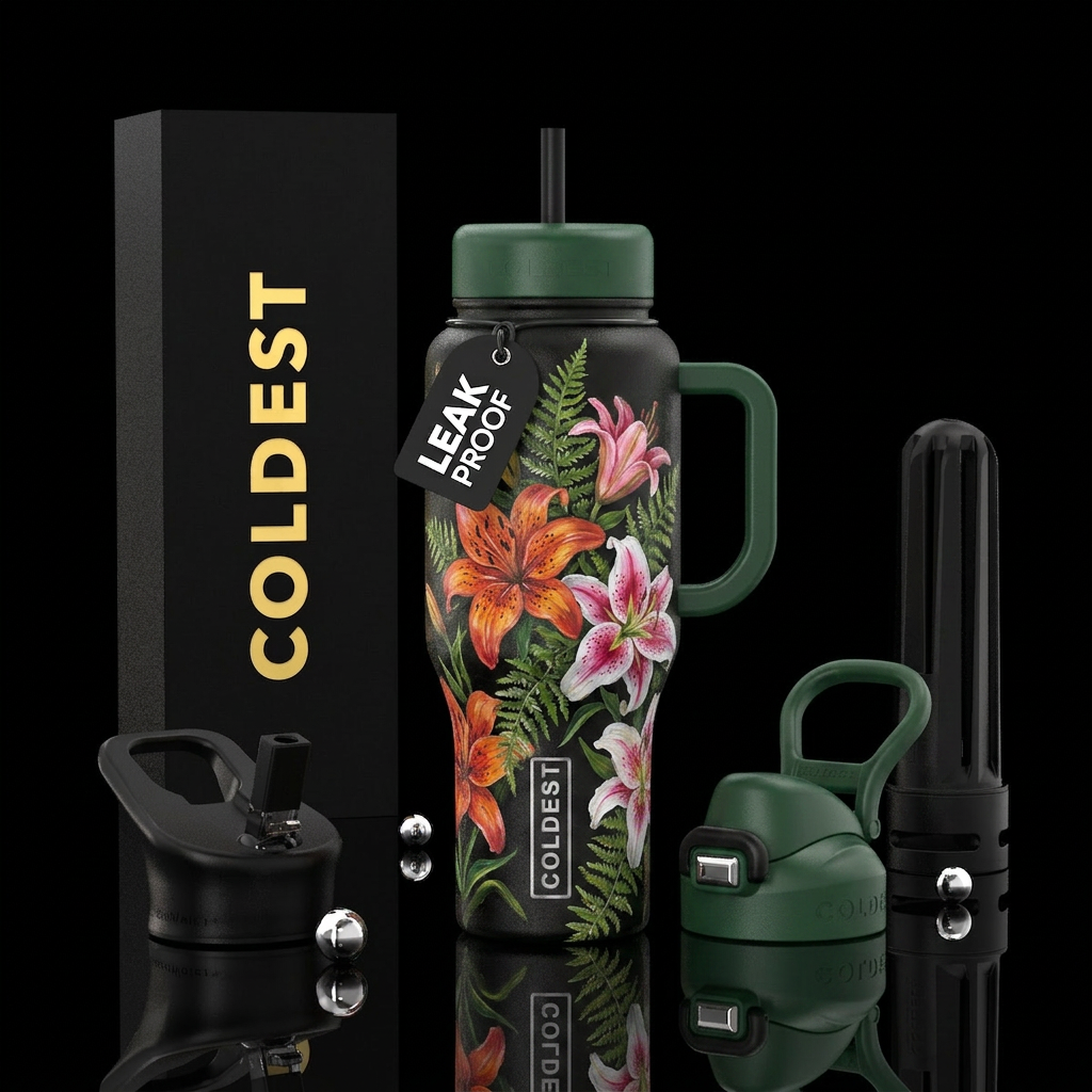 painted, oil painted, tiger lilies, stargazer lili... water bottle design
