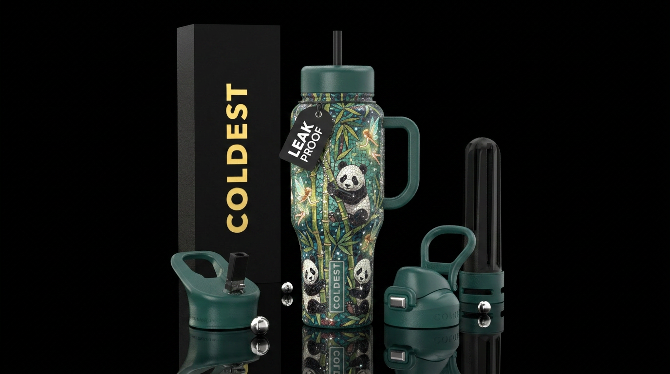 Mosaic Pandas water bottle design
