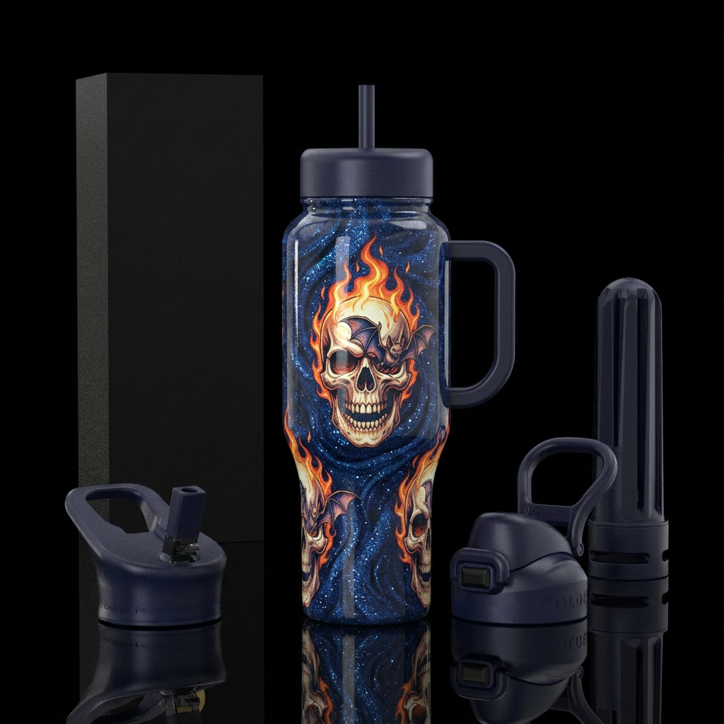 Flaming Skulls water bottle design