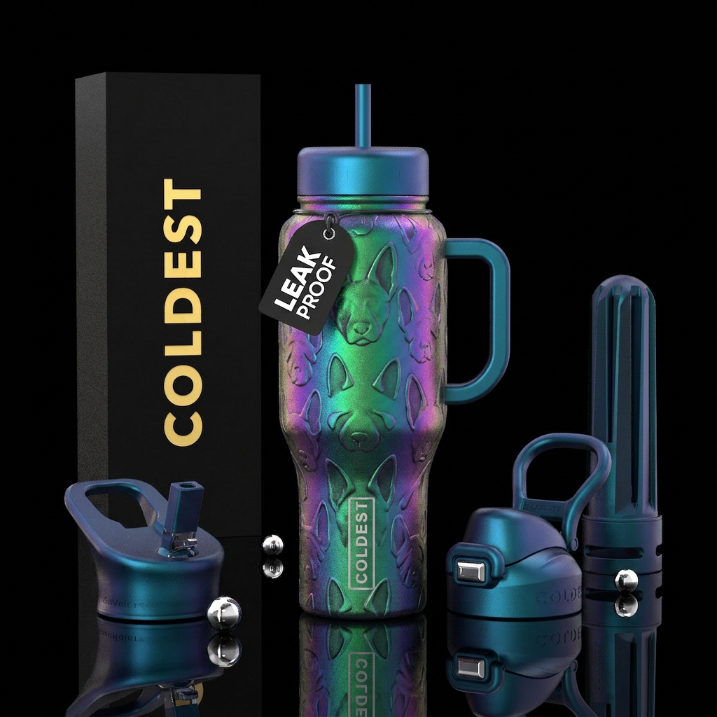 Iridescent dog water bottle design