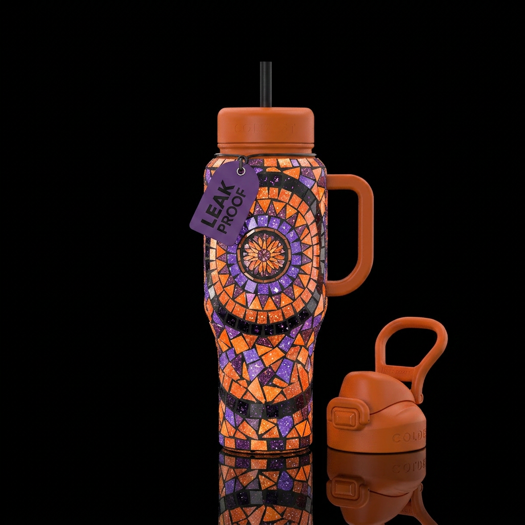 Mosaic, orange, purples, black, sparkly, glowie water bottle design