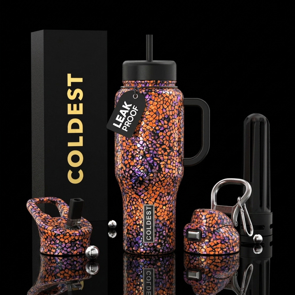 Mosaic, oranges, purples, black, sparkly, glowie water bottle design