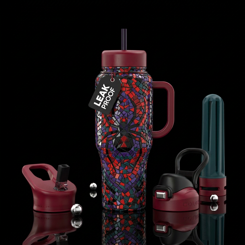 Mosaic Black Widow water bottle design