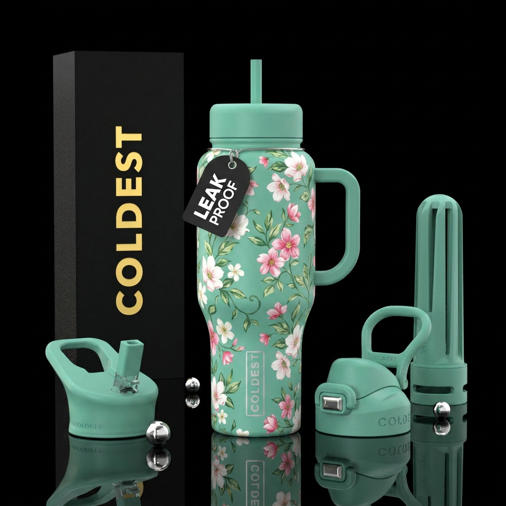 Matte seafoam green base with white and pink flowe... water bottle design