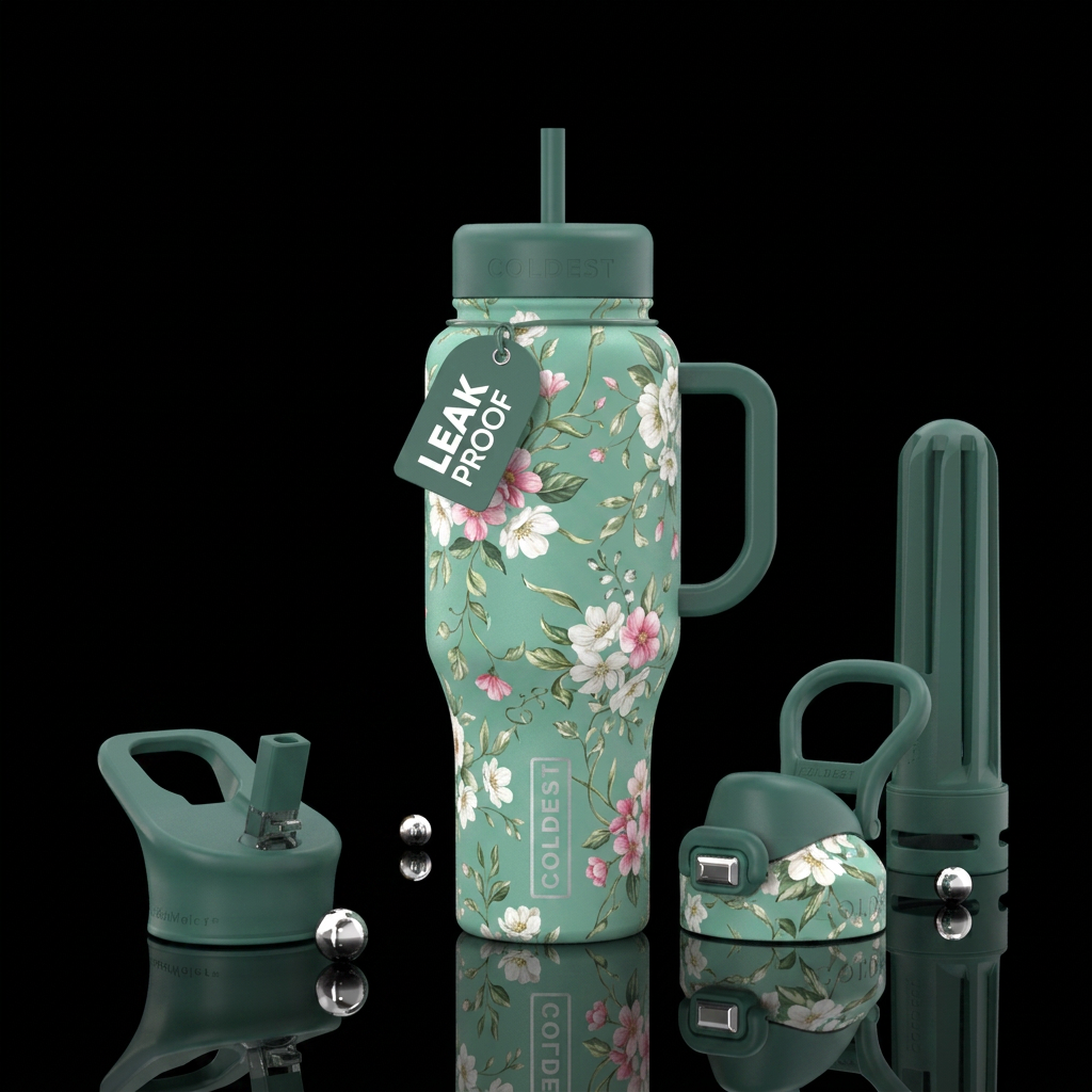 Matte seafoam green base with white and pink flowe... water bottle design