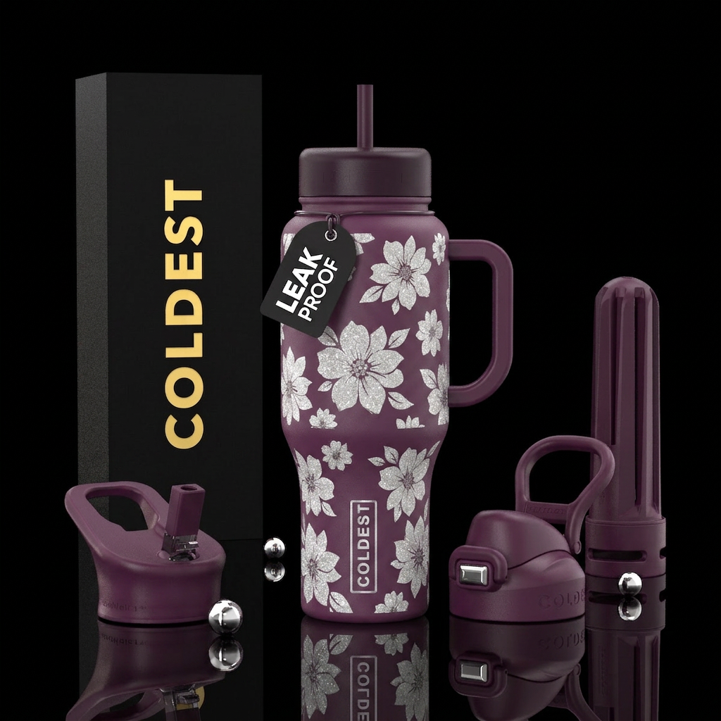 Matte plum purple base with sparkly white and ligh... water bottle design