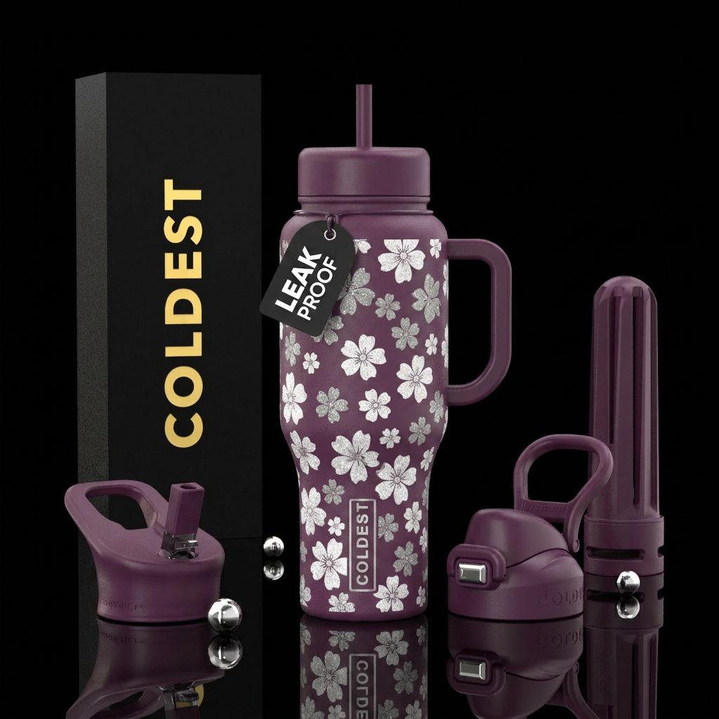 Matte plum purple base with sparkly white and ligh... water bottle design