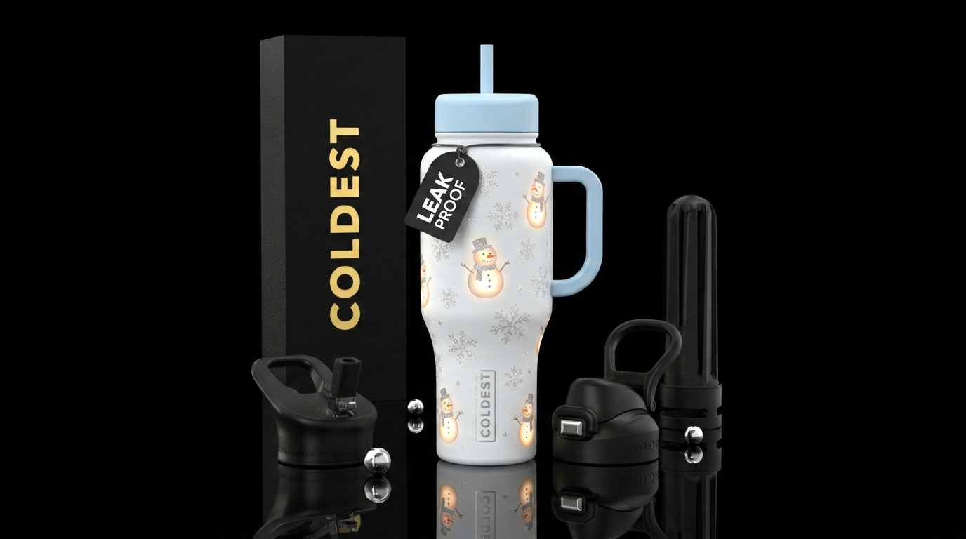 Matte white base with glitter snowflakes and glowi... water bottle design