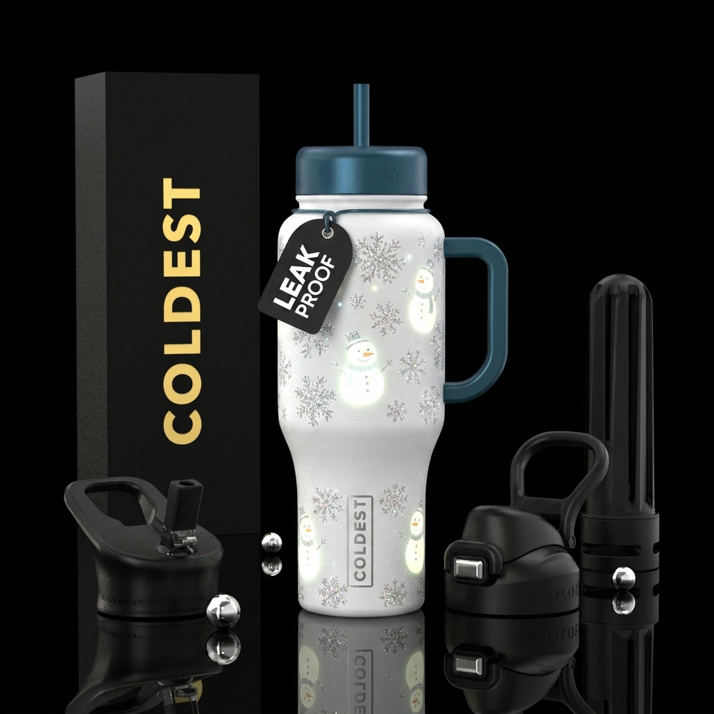 Matte white base with glitter snowflakes and glowi... water bottle design