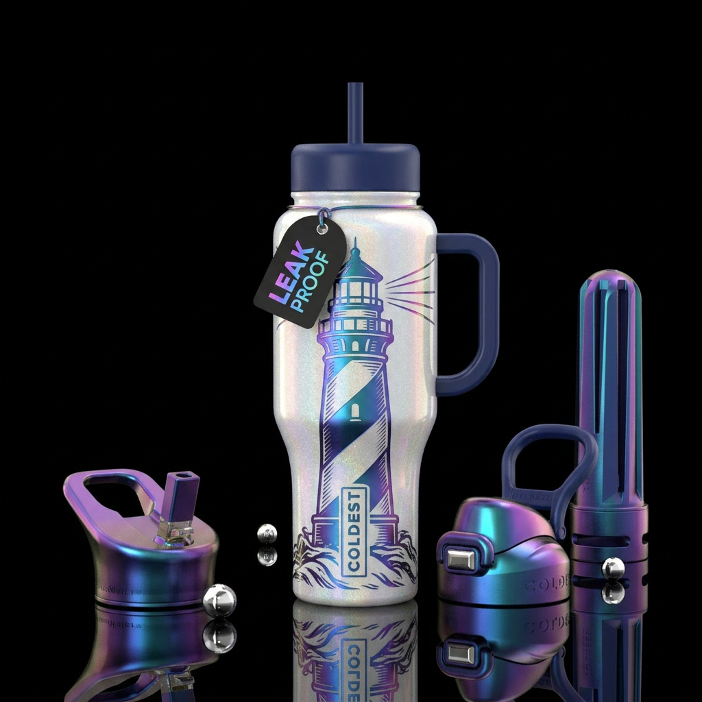 Etched Lighthouse water bottle design