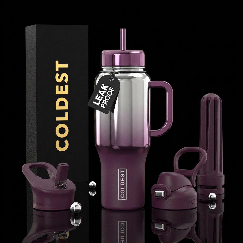 Matte Plum to Chrome water bottle design