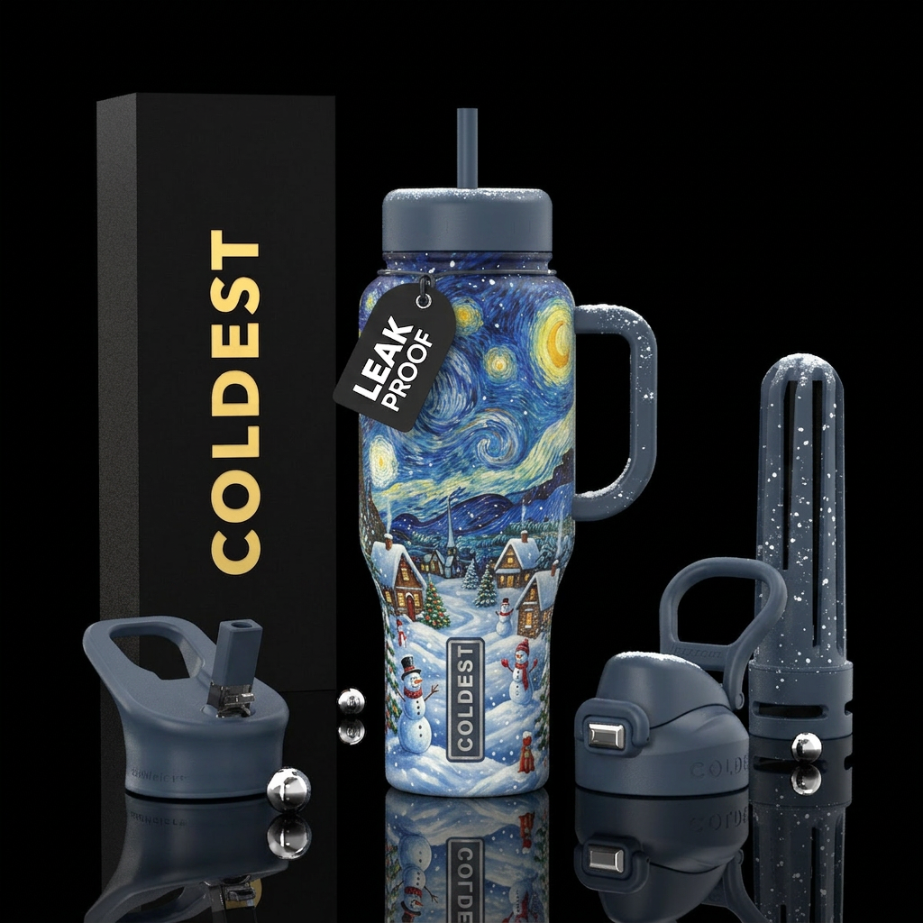 A Snowy Village water bottle design
