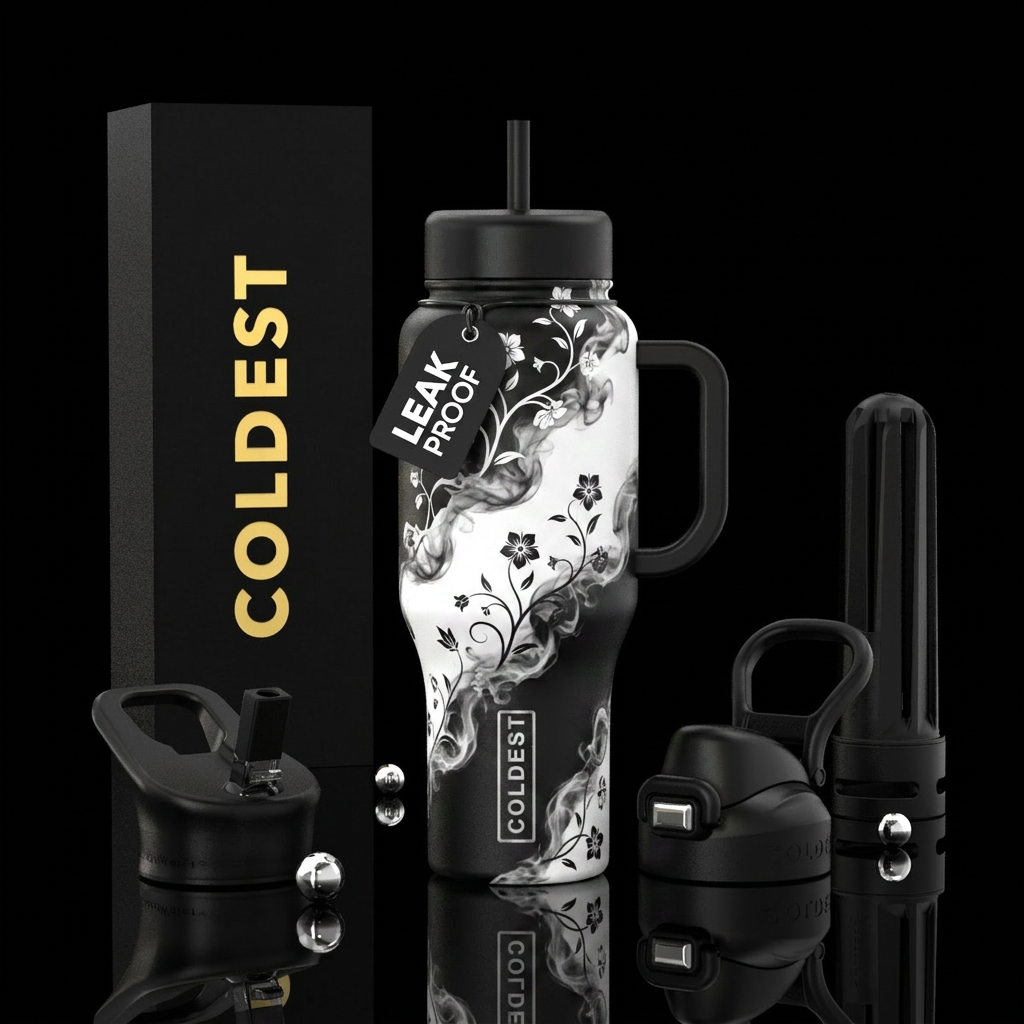 Black & White Glowie Flowers water bottle design