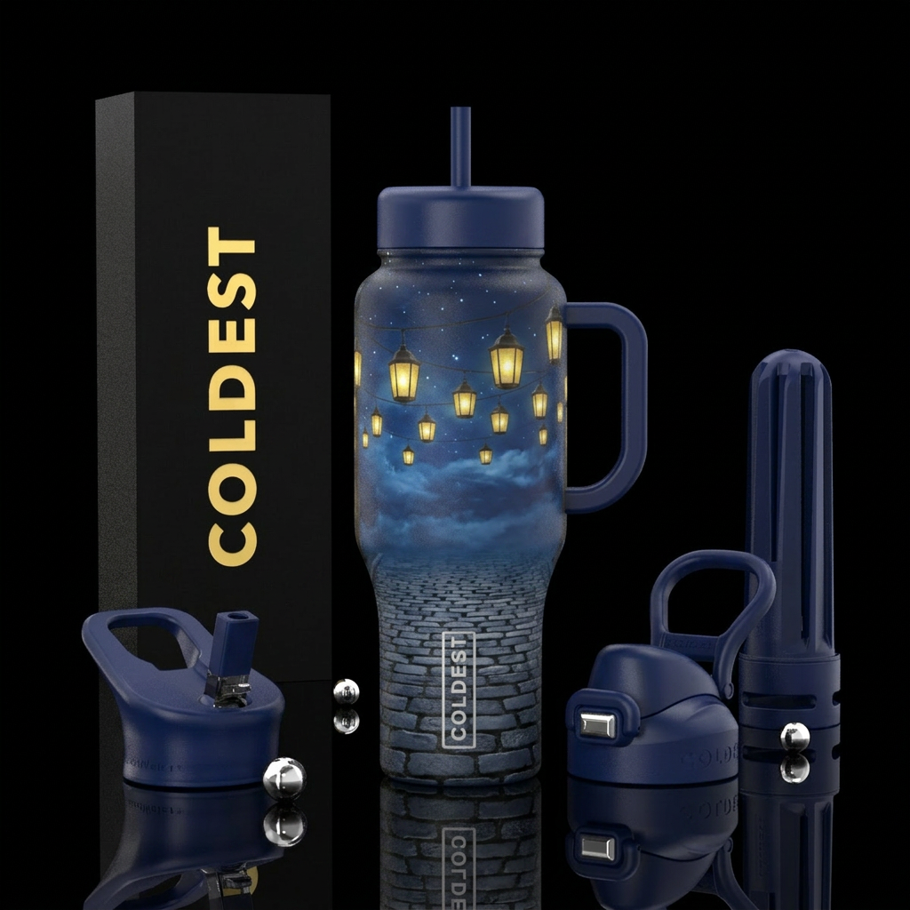 Cobblestone and lanterns water bottle design