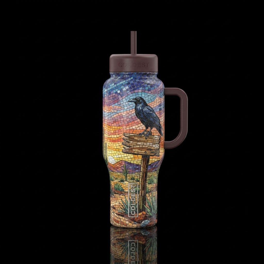 Mosaic Raven water bottle design