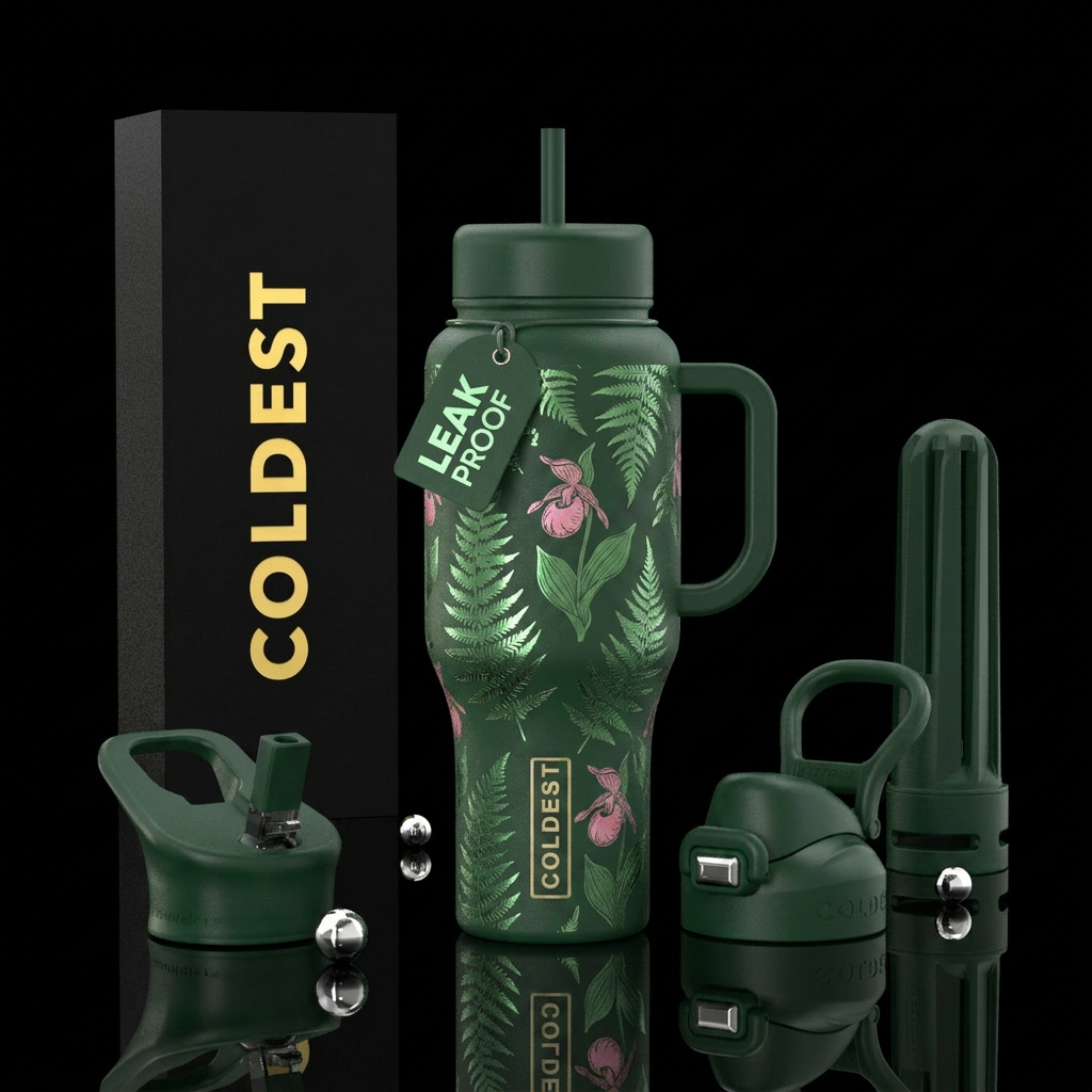 Metallic Ferns and Lady Slippers water bottle design