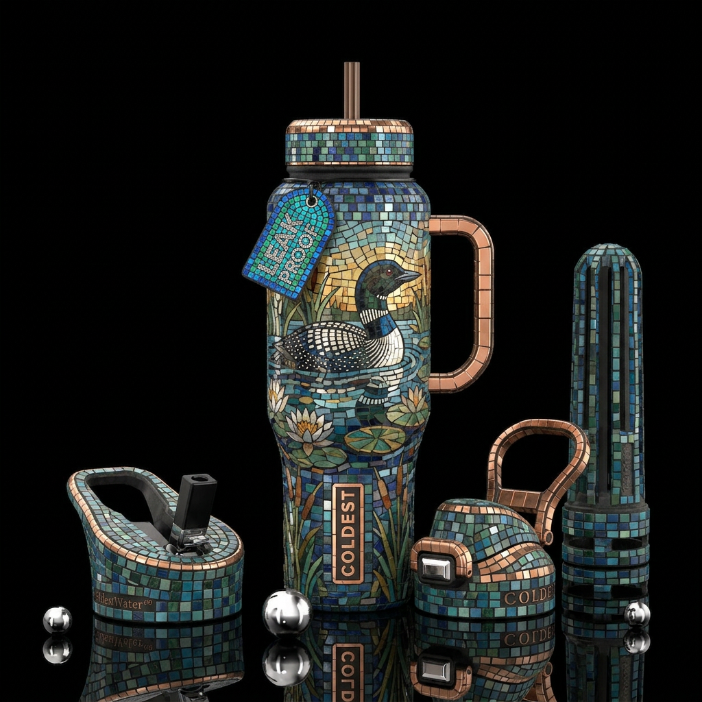 Mosaic Loon water bottle design