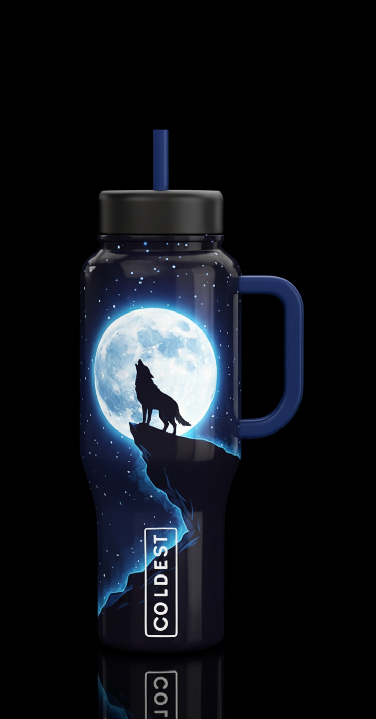 Wolf howling at the moon on cliff edge moon glows ... water bottle design