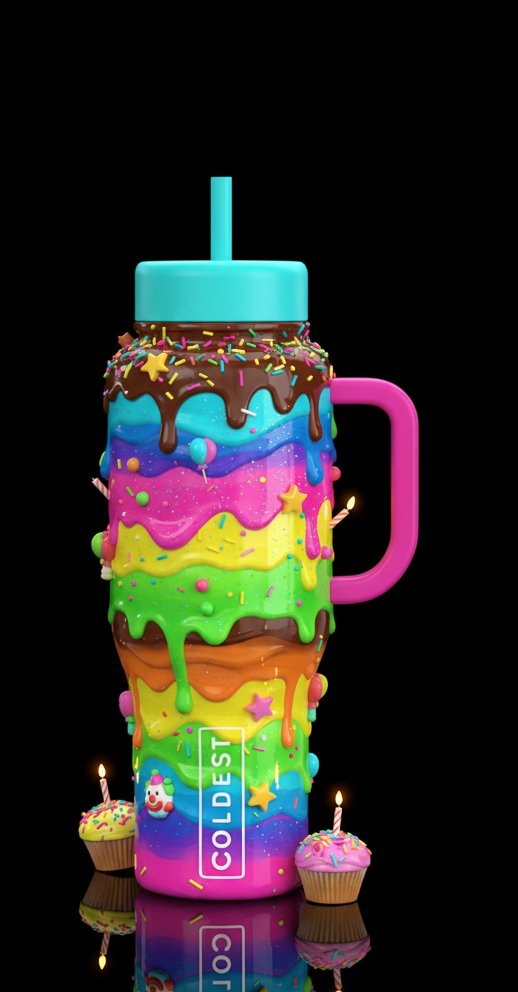 Crazy birthday cake water bottle design