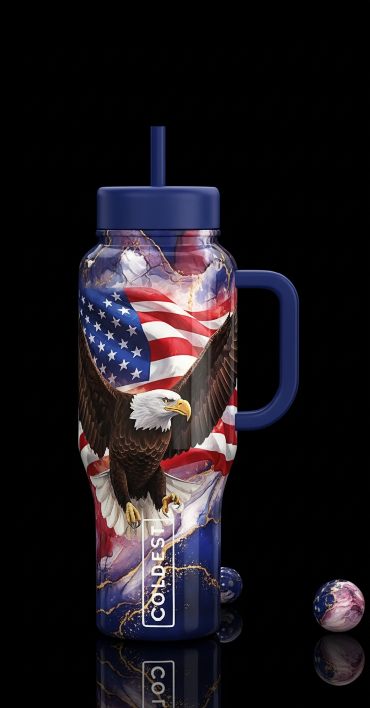 American eagle with American flag behind water bottle design
