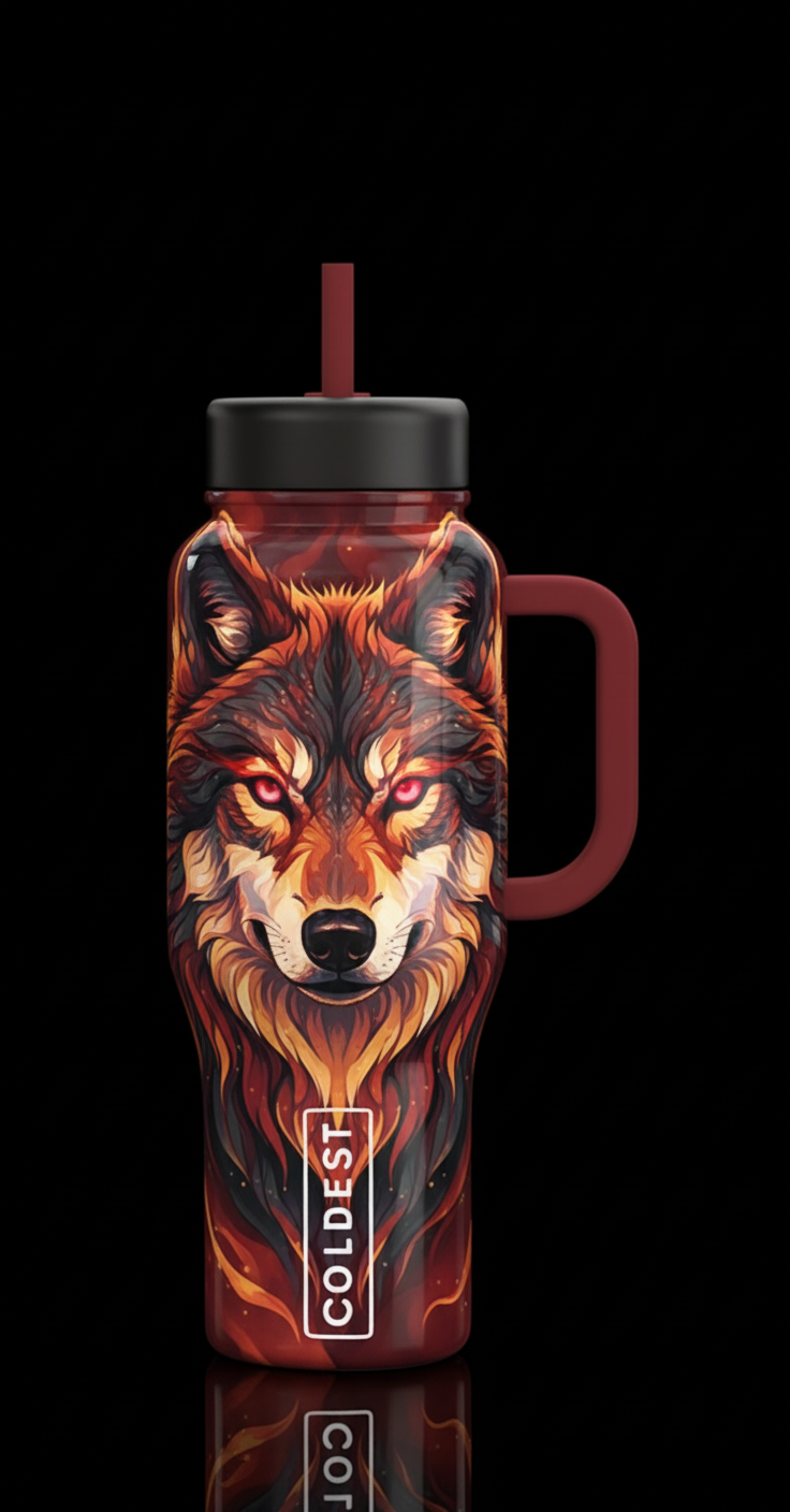 Timber wolf face with red eyes water bottle design