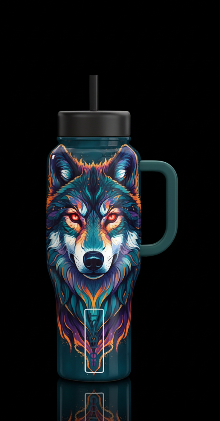 Timber wolf face with red eyes water bottle design