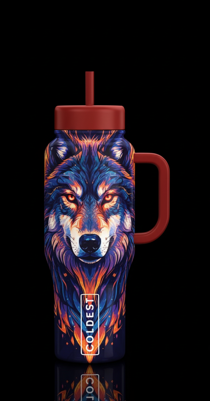 Timber wolf face with red eyes water bottle design