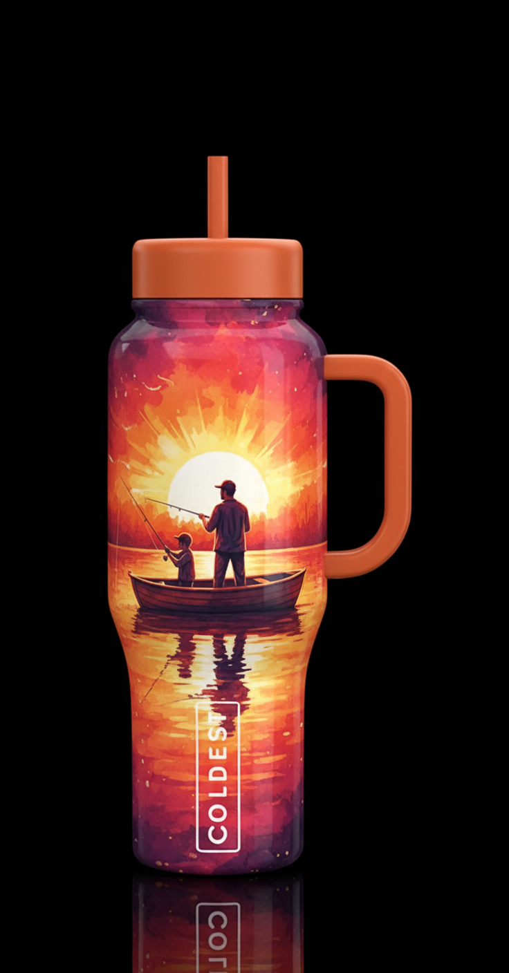 Father son Fishing sunset background water bottle design