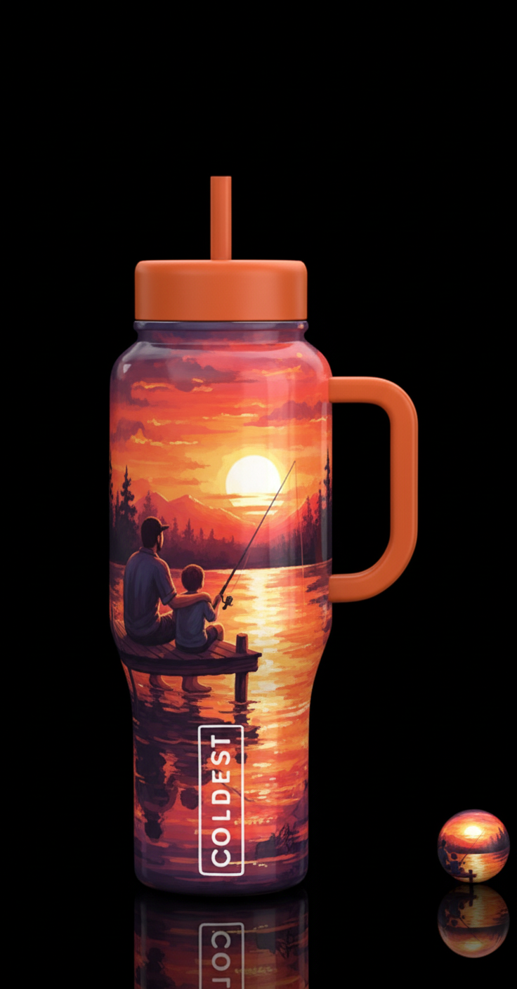 Father son Fishing sunset background water bottle design