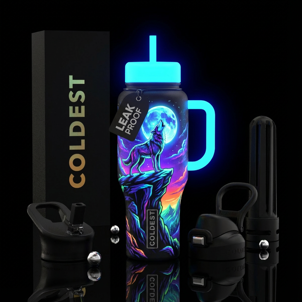 glowie wolf howling at the moon on cliff edge water bottle design