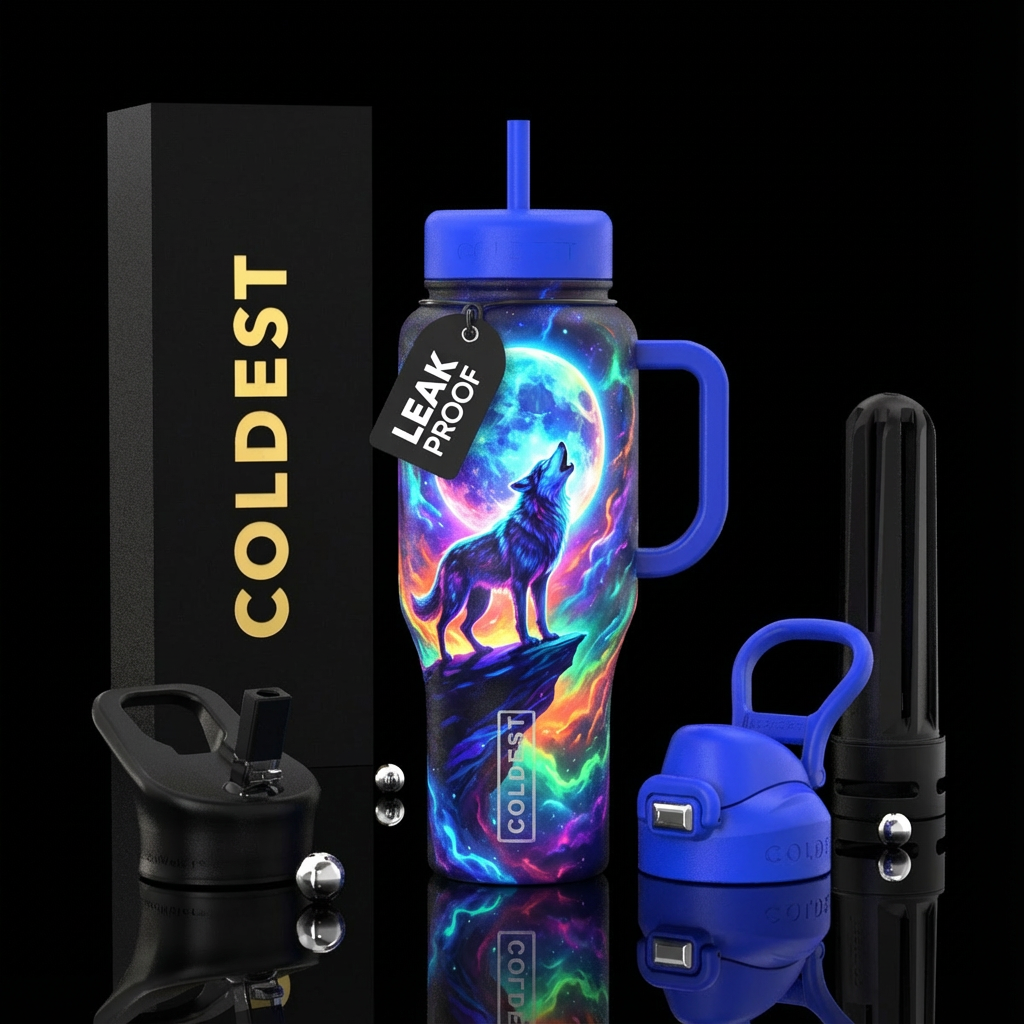 glowie wolf howling at the moon on cliff edge water bottle design