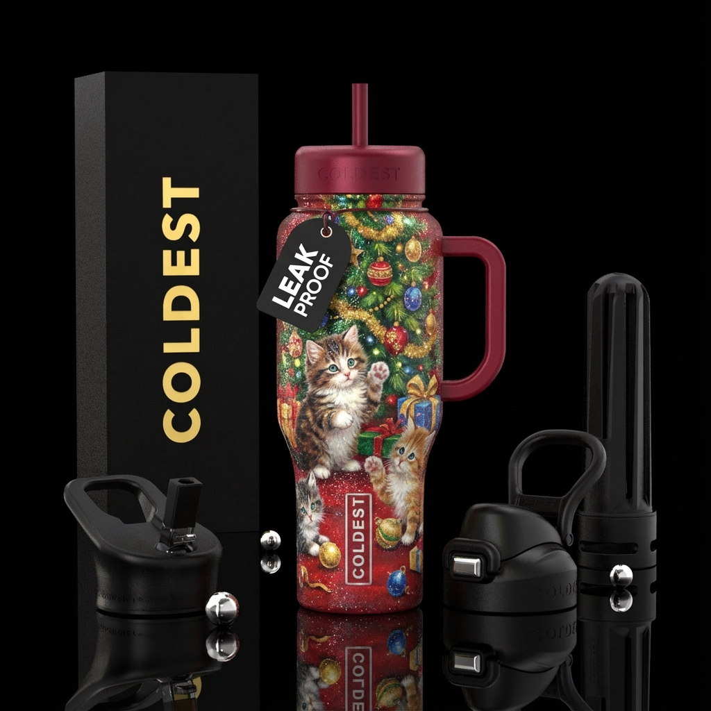sparkly Christmas kittens under tree water bottle design