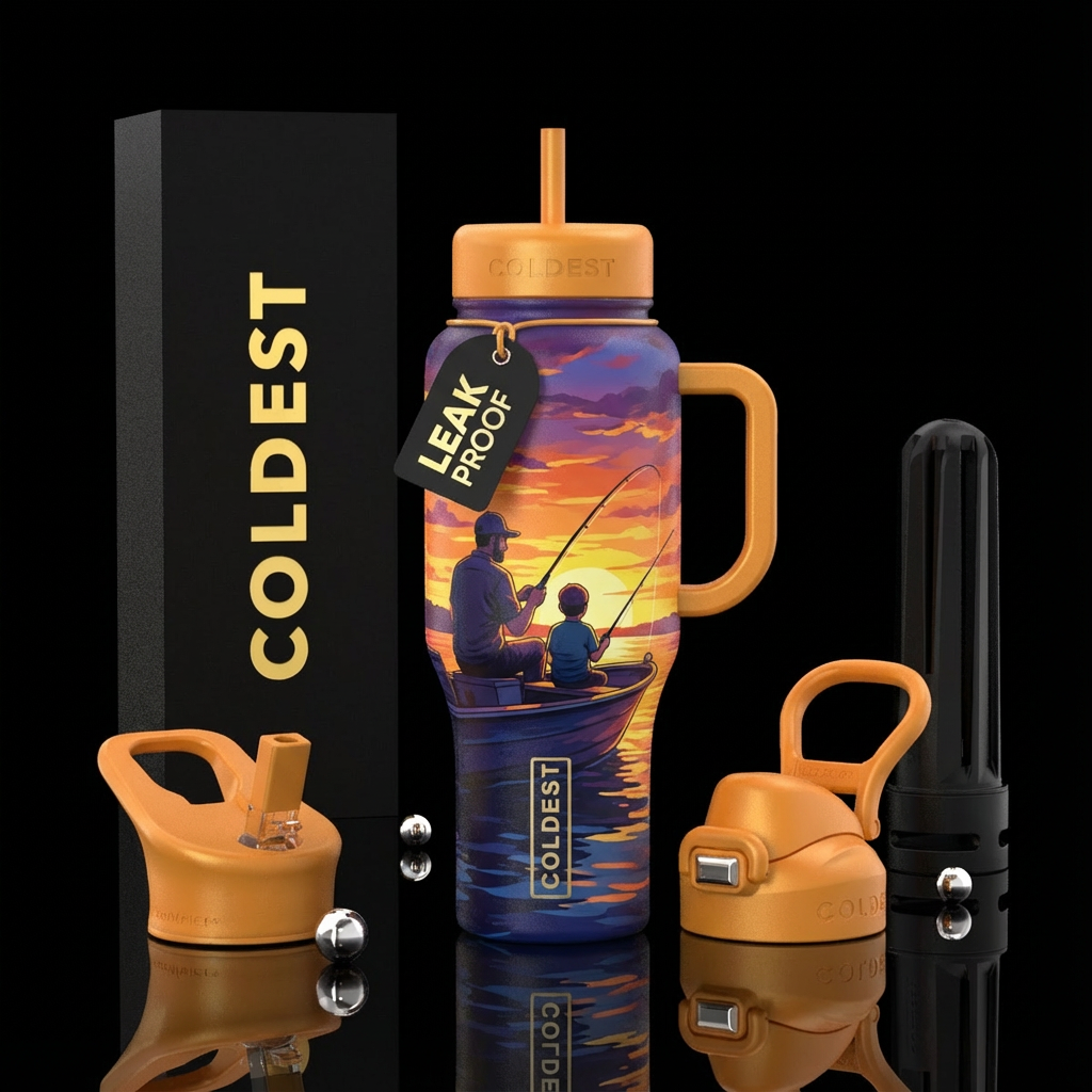 Father son fishing sunset backround water bottle design