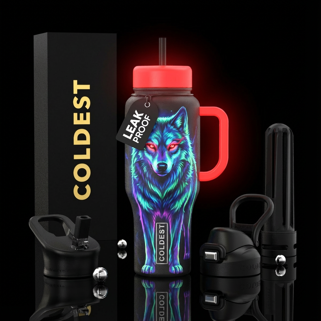 glowie wolf with red glowing eyes water bottle design