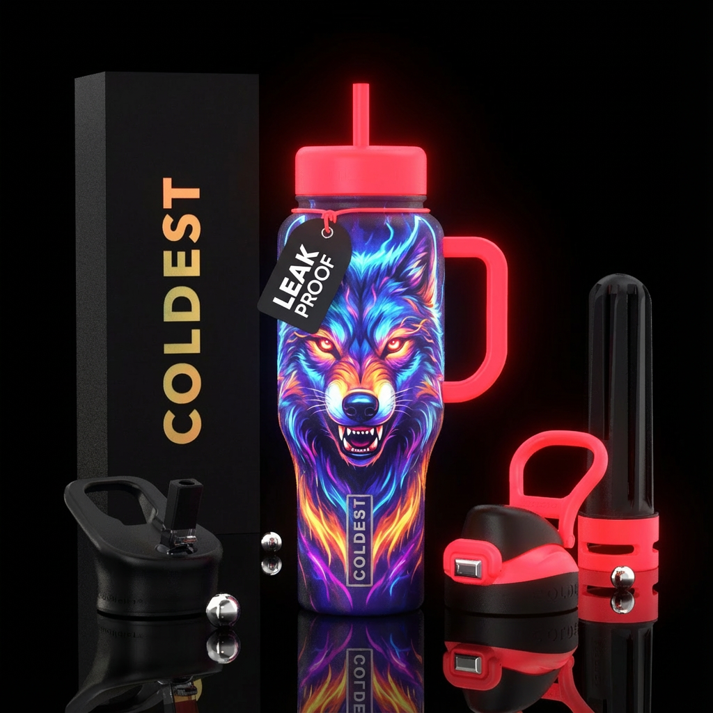 glowie wolf with red glowing eyes water bottle design