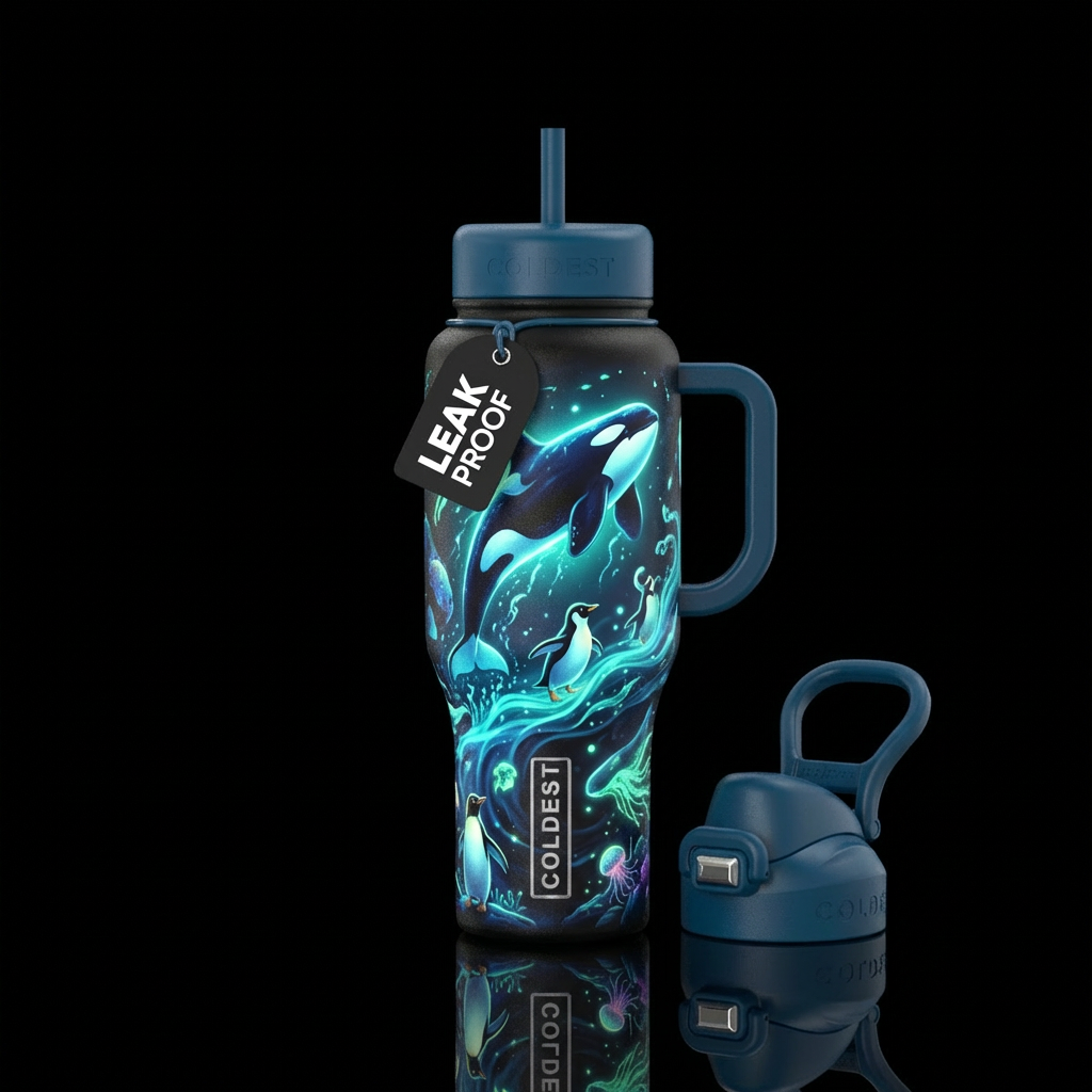 Orca, penguins, ocean, glowie water bottle design