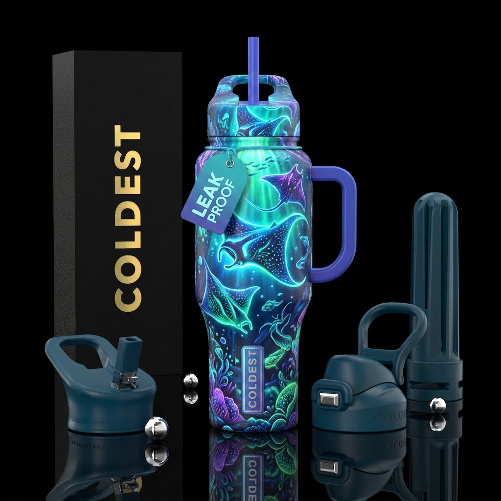 Manta ray, glowie, vibrant, ocean, sea life water bottle design