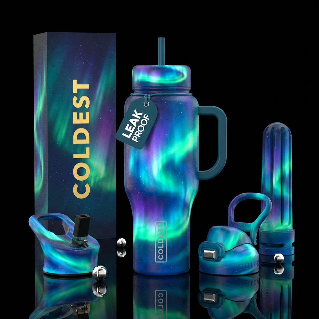 Aurora borealis, vibrant, ocean, glowie water bottle design
