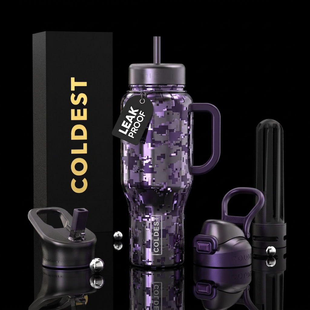 Purple camouflage, digital, gunmetal, shiny water bottle design