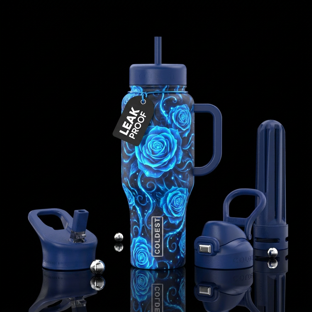 Blue roses, vibrant, glowie water bottle design