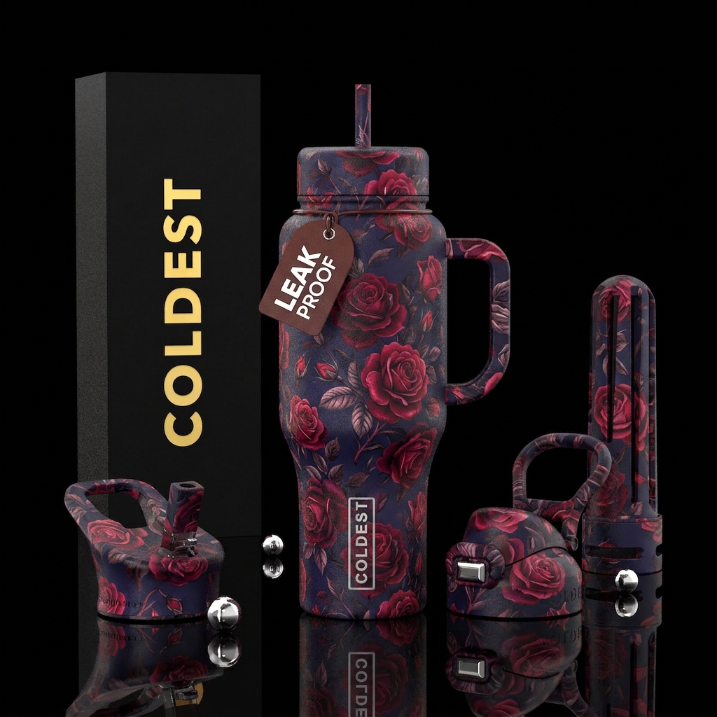 Midnight rose blooms, vibrant, galant water bottle design