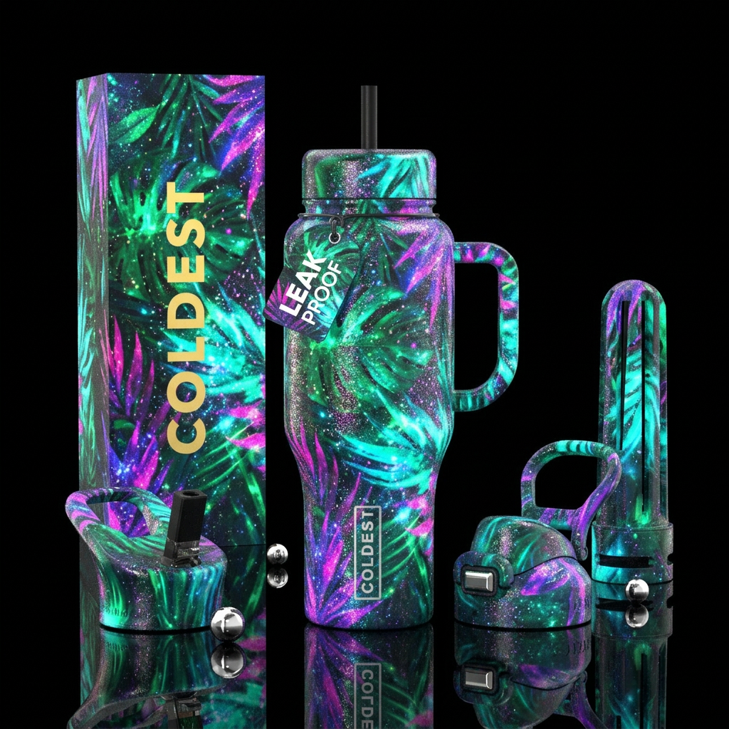 tropical, glowie, sparkly, shiny, beautiul, vibran... water bottle design