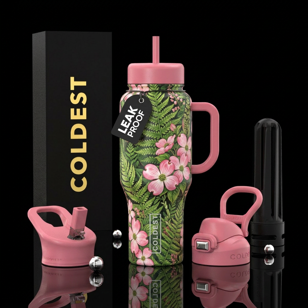 Fern, pink dogwood, beautiful water bottle design