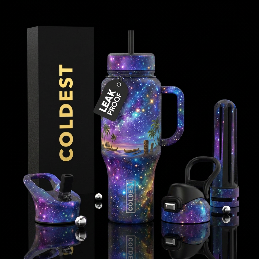 Island life, starry night, vibrant, beautiul water bottle design
