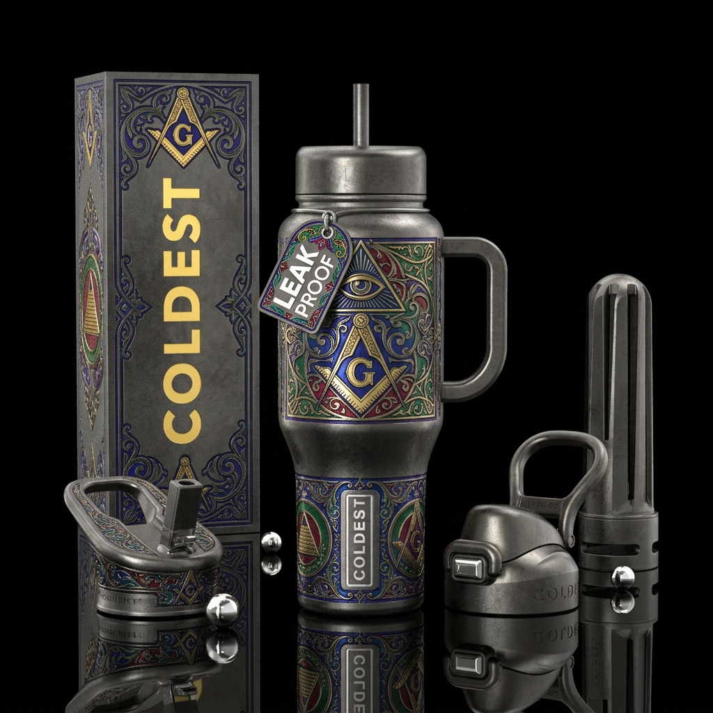 Masonic symbols, gunmetal, vibrant, ancient water bottle design