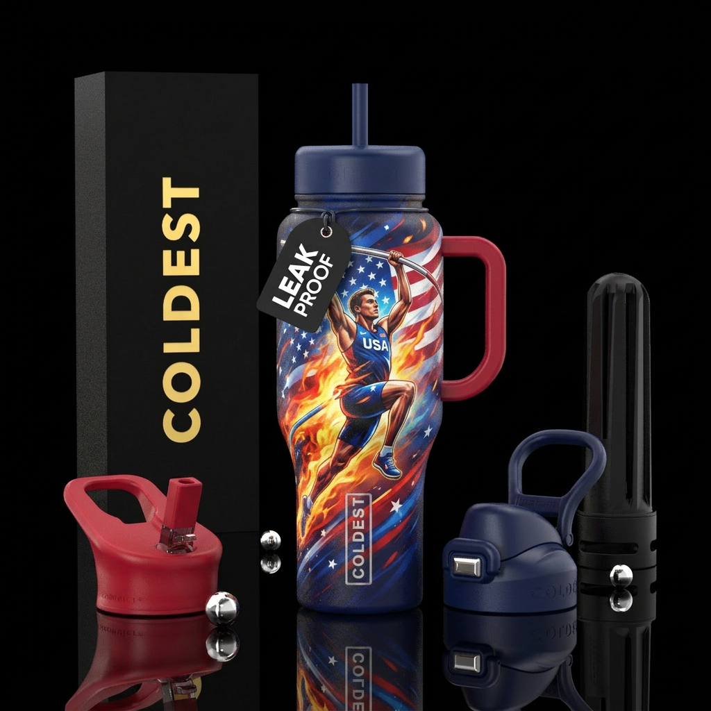 Pole vault, USA, explosive, vibrant water bottle design