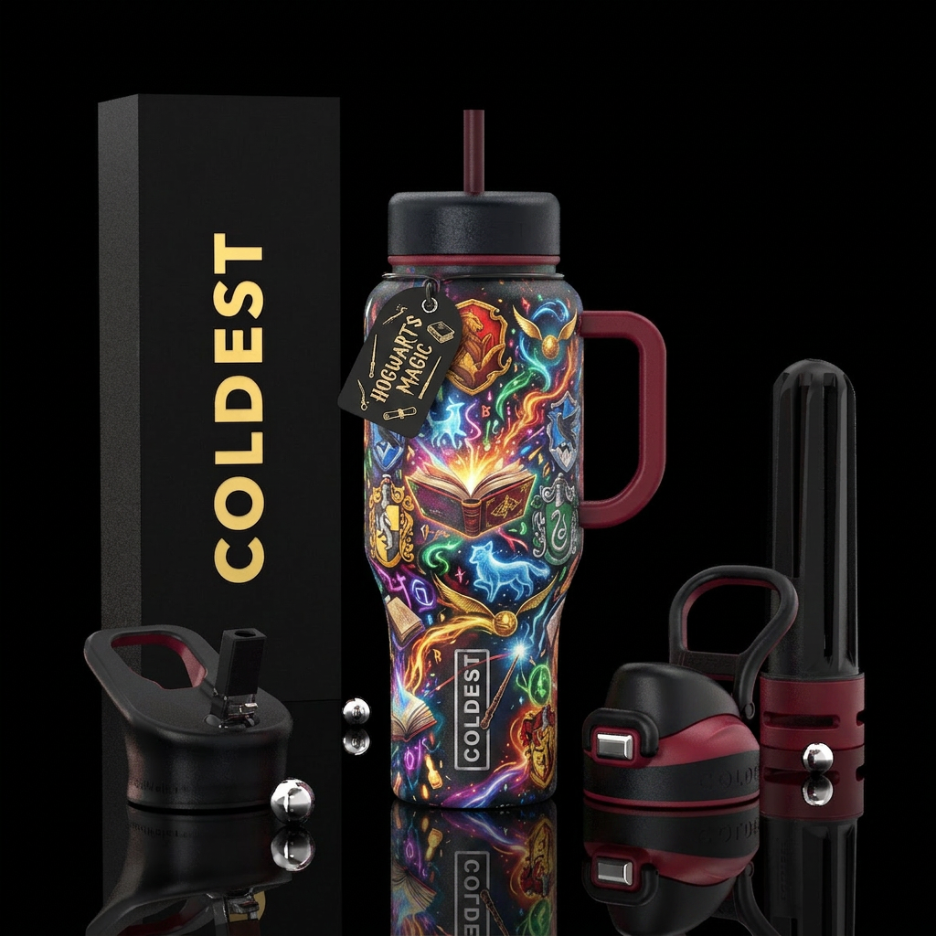 Harry Potter theme, books, vibrant, explosive water bottle design